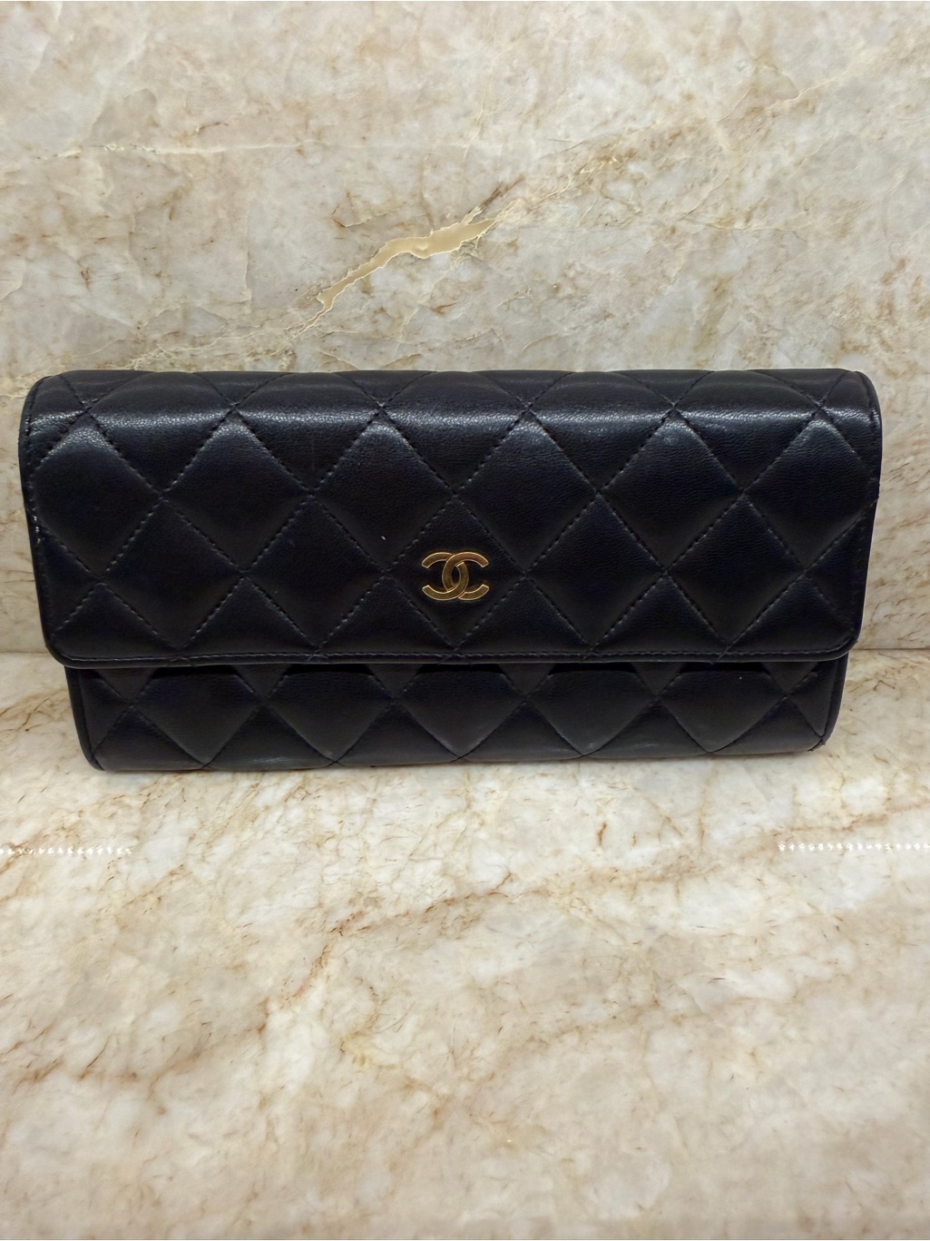 Chanel Black Quilted Lambskin Wallet With Gold Cc Emblem